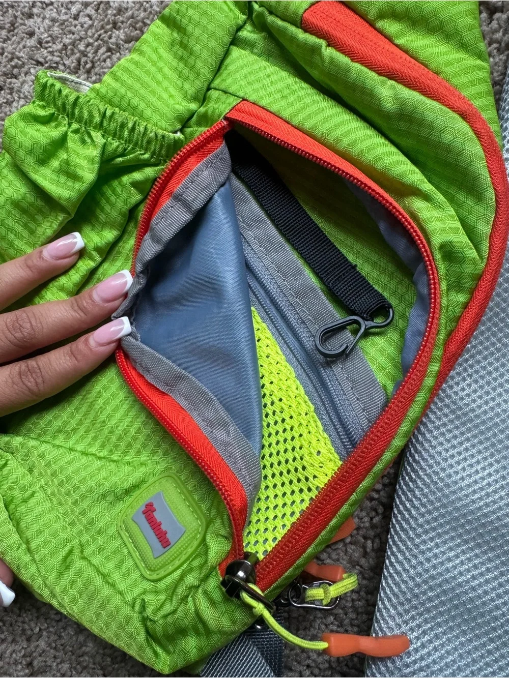Neon Green Sling Crossbody Bag with Orange Accents